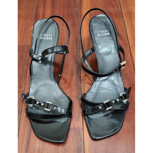 Stuart Weitzman Black Strappy Sandals Size 11M Leather Square Toe Heel Buckle - Picture 3 of 13